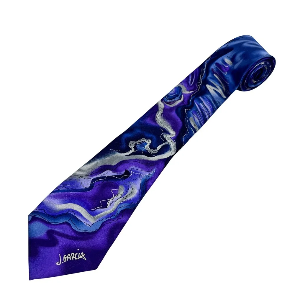 J Garcia Wetlands II Mens Silk Necktie Purple Blue Silver Abstract Art Swirl Tie